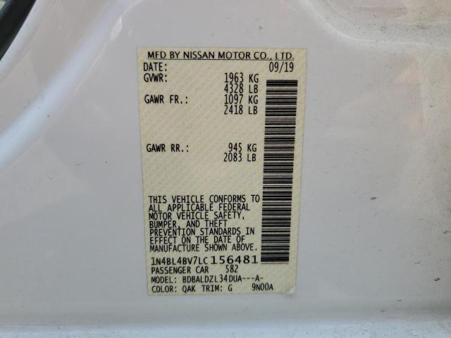 1N4BL4BV7LC156481 - 2020 NISSAN ALTIMA S WHITE photo 12