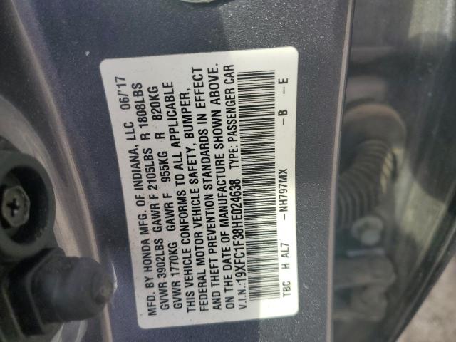 19XFC1F38HE024638 - 2017 HONDA CIVIC EX GRAY photo 12