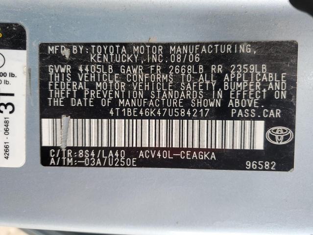 4T1BE46K47U584217 - 2007 TOYOTA CAMRY CE BLUE photo 13