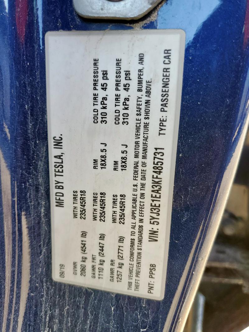 5YJ3E1EA3KF485731 - 2019 TESLA MODEL 3 BLUE photo 12