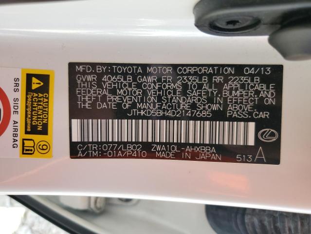 JTHKD5BH4D2147685 - 2013 LEXUS CT 200 WHITE photo 12