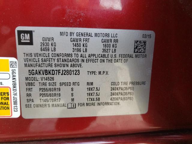 5GAKVBKD7FJ280123 - 2015 BUICK ENCLAVE 勃艮第红 照片 13