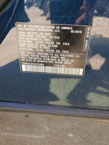 1V2SR2CAXJC574554 - 2018 VOLKSWAGEN ATLAS SEL BLUE photo 12