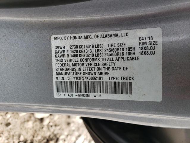 5FPYK3F57KB002101 - 2019 HONDA RIDGELINE RTL SILVER photo 13