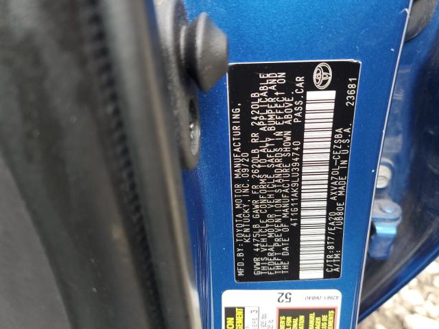4T1G11AK9LU394740 - 2020 TOYOTA CAMRY SE BLUE photo 13