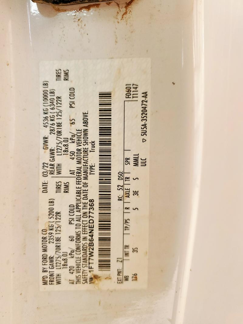 1FT7W2B64NED77368 - 2022 FORD F250 SUPER DUTY WHITE photo 12