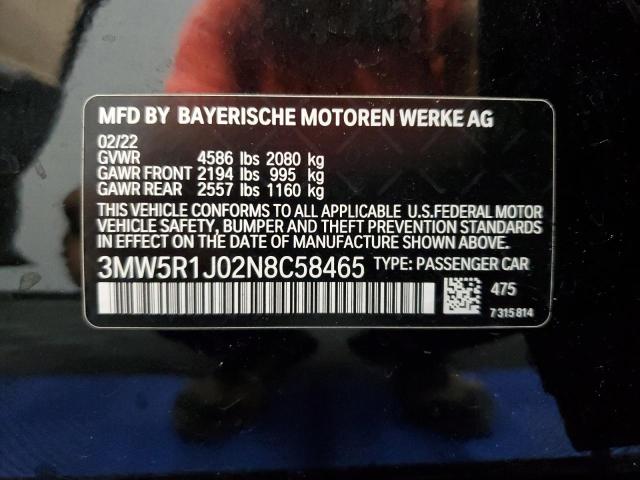 3MW5R1J02N8C58465 - 2022 BMW 330I BLACK photo 12