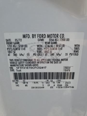 1FTFX1ET0CFC02417 - 2012 FORD F150 SUPER CAB WHITE photo 12