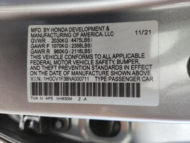 1HGCV1F38NA000711 - 2022 HONDA ACCORD SPORT SILVER photo 12