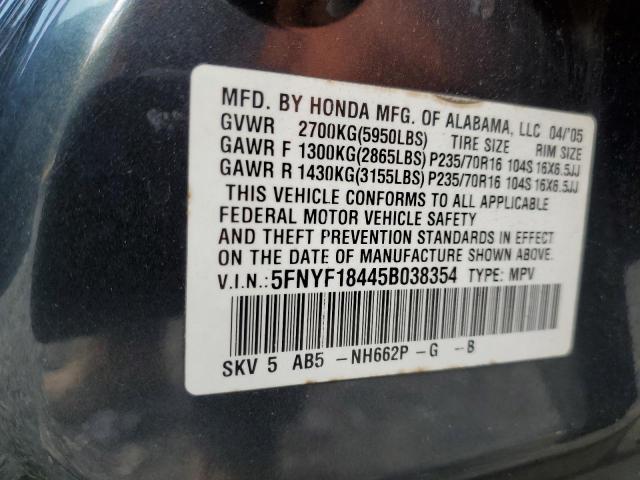 5FNYF18445B038354 - 2005 HONDA PILOT EX GRAY photo 14