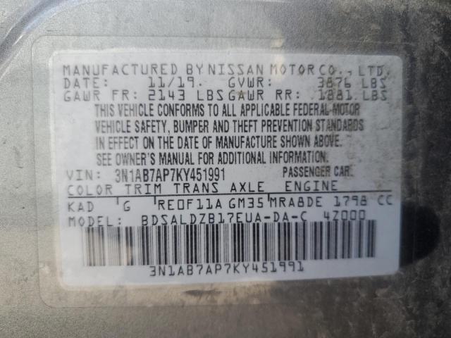 3N1AB7AP7KY451991 - 2019 NISSAN SENTRA S GRAY photo 12