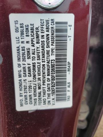 19XFB2F80FE069073 - 2015 HONDA CIVIC EX MAROON photo 12
