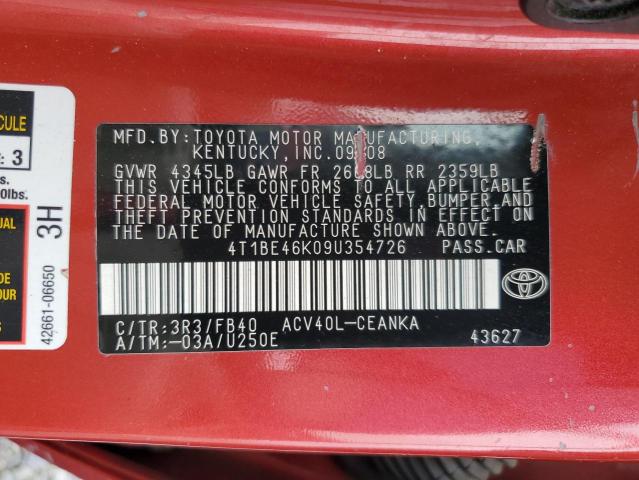 4T1BE46K09U354726 - 2009 TOYOTA CAMRY BASE BURGUNDY photo 12