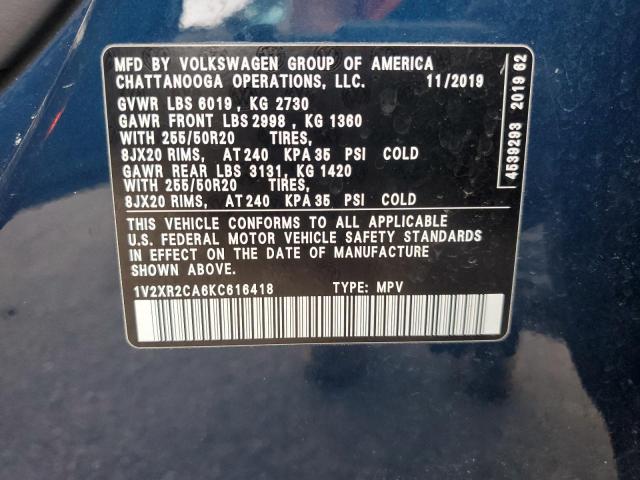 1V2XR2CA6KC616418 - 2019 VOLKSWAGEN ATLAS SE Azul foto 13