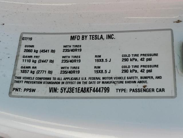 5YJ3E1EA8KF444799 - 2019 TESLA MODEL 3 WHITE photo 13