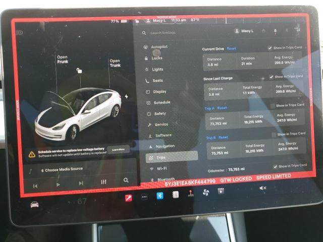 5YJ3E1EA8KF444799 - 2019 TESLA MODEL 3 WHITE photo 9