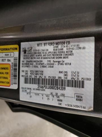 3FA6P0LU0KR284209 - 2019 FORD FUSION SE GRAY photo 12