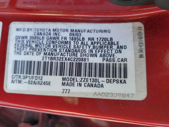 2T1BR32EX4C220881 - 2004 TOYOTA COROLLA CE Rouge photo 13