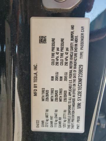 5YJ3E1ECXNF239829 - 2022 TESLA MODEL 3 Սև լուսանկար 12