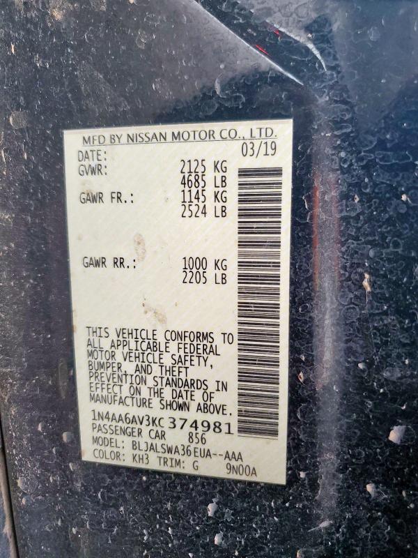 1N4AA6AV3KC374981 - 2019 NISSAN MAXIMA S Schwarz Foto 12