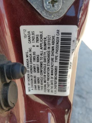 2HGFB2F58CH606893 - 2012 HONDA CIVIC LX BURGUNDY photo 12