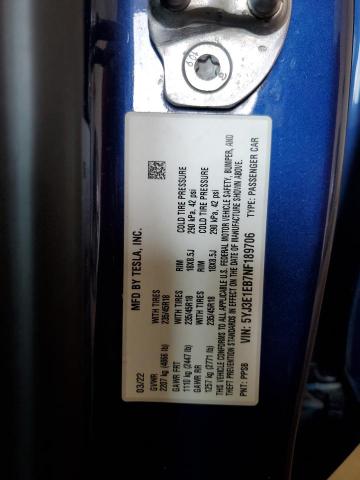 5YJ3E1EB7NF189706 - 2022 TESLA MODEL 3 BLUE photo 12