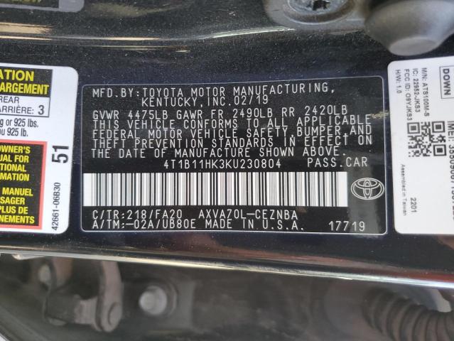 4T1B11HK3KU230804 - 2019 TOYOTA CAMRY L BLACK photo 13