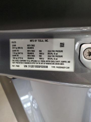 5YJ3E1EB3SF020598 - 2025 TESLA MODEL 3 灰色 照片 12