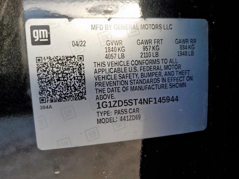 1G1ZD5ST4NF145944 - 2022 CHEVROLET MALIBU LT 黑色 照片 12