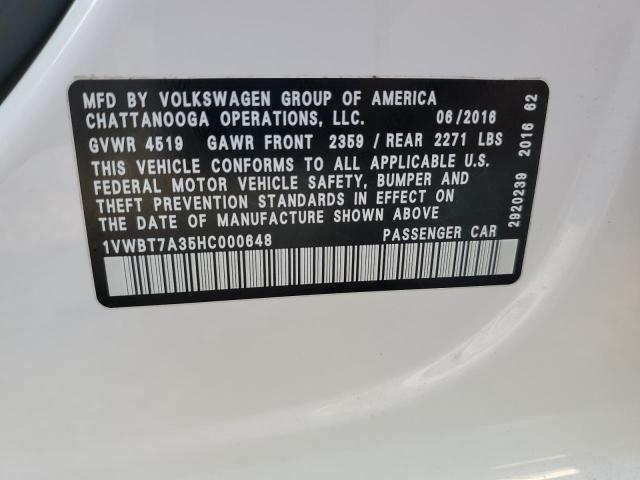 1VWBT7A35HC000648 - 2017 VOLKSWAGEN PASSAT SE WHITE photo 12