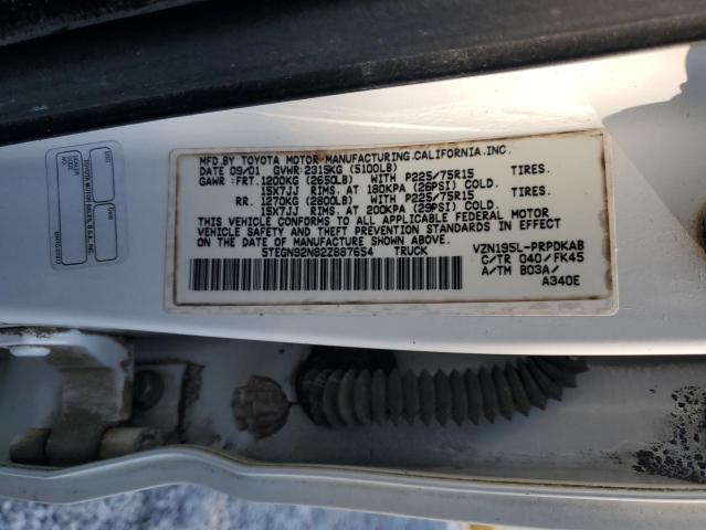 5TEGN92N82Z887654 - 2002 TOYOTA TACOMA DOUBLE CAB PRERUNNER WHITE photo 12