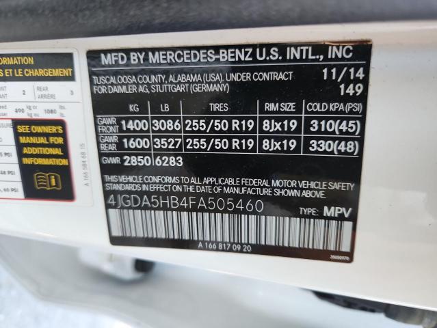 4JGDA5HB4FA505460 - 2015 MERCEDES-BENZ ML 350 4MATIC WHITE photo 13