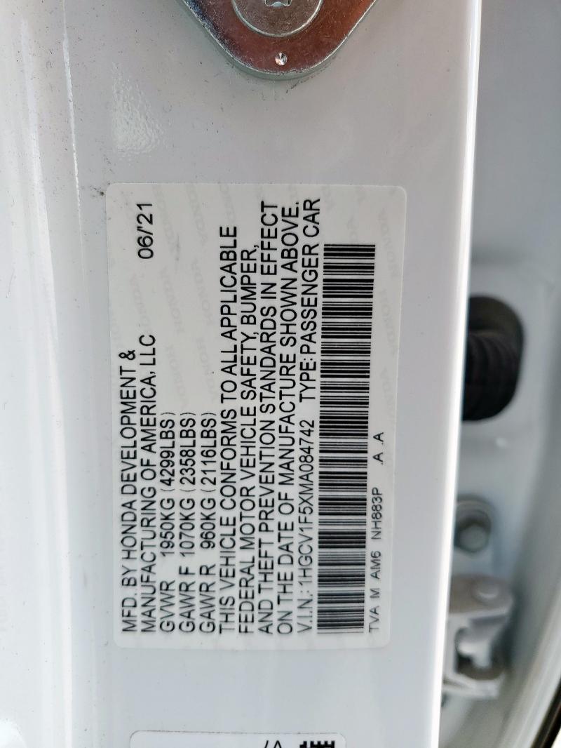 1HGCV1F5XMA084742 - 2021 HONDA ACCORD EXL WHITE photo 12