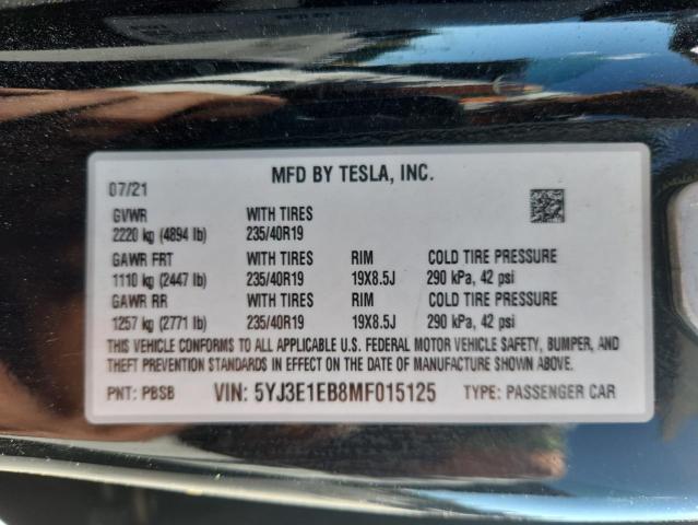5YJ3E1EB8MF015125 - 2021 TESLA MODEL 3 BLACK photo 12
