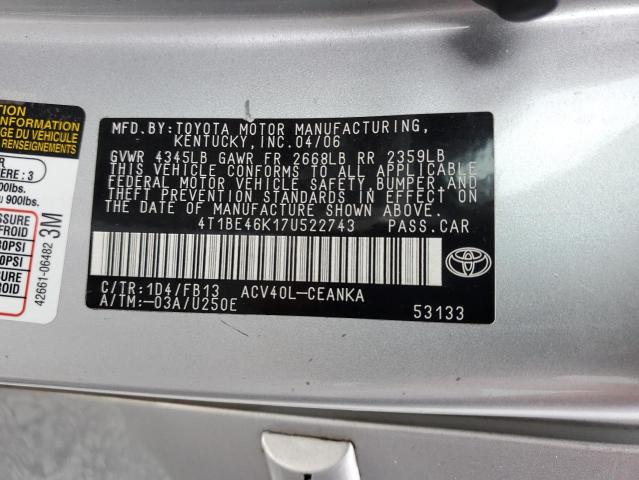 4T1BE46K17U522743 - 2007 TOYOTA CAMRY CE SILVER photo 13