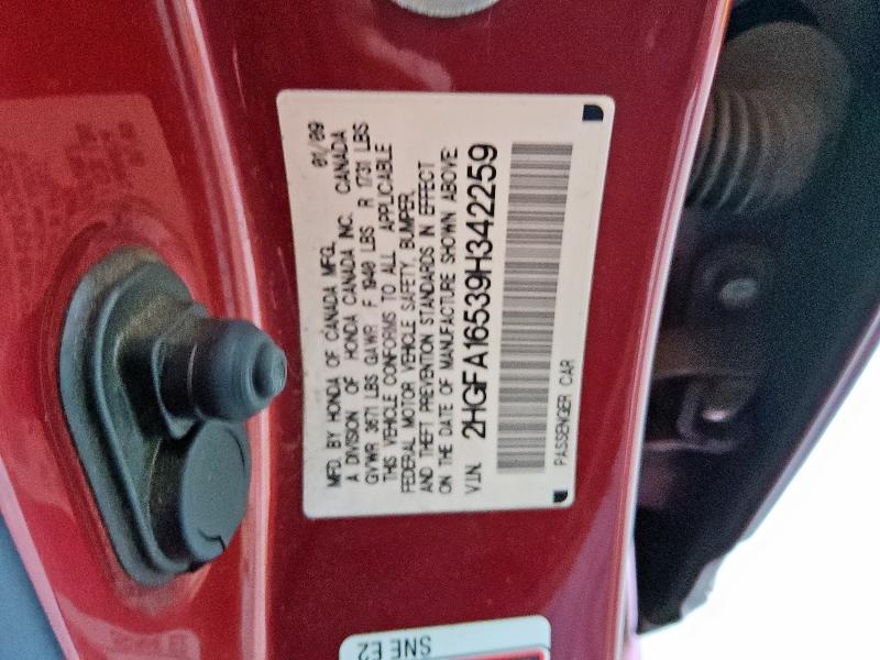 2HGFA16539H342259 - 2009 HONDA CIVIC LX 勃艮第红 照片 12
