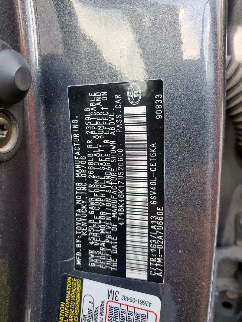 4T1BK46K17U520600 - 2007 TOYOTA CAMRY LE GRAY photo 12