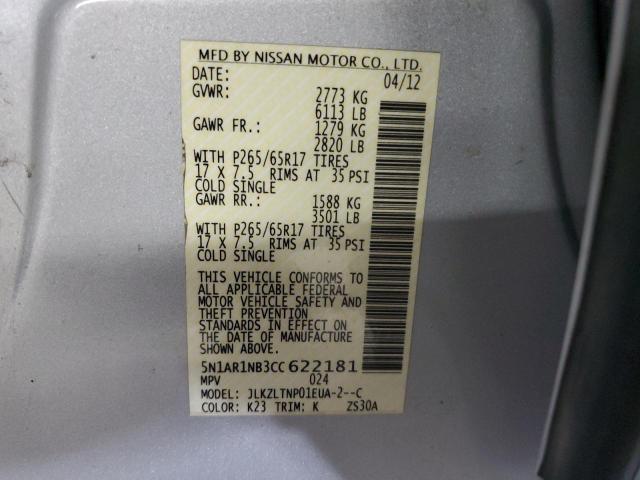 5N1AR1NB3CC622181 - 2012 NISSAN PATHFINDER S Argent photo 13