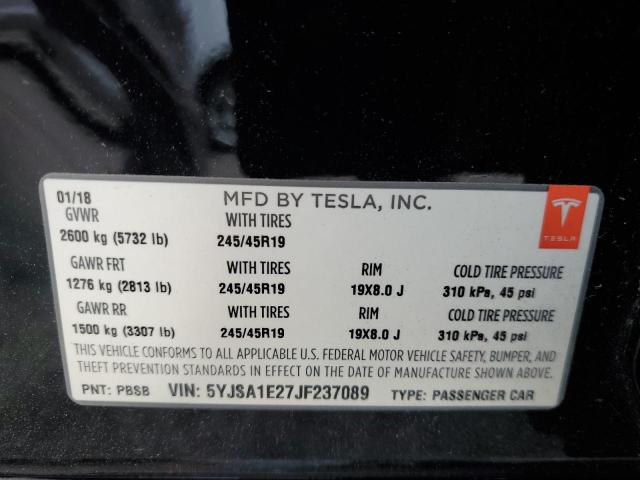 5YJSA1E27JF237089 - 2018 TESLA MODEL S 黑色 照片 12
