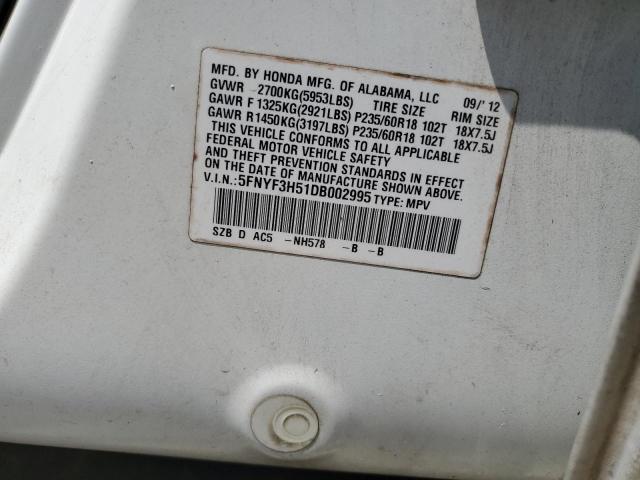 5FNYF3H51DB002995 - 2013 HONDA PILOT EXL WHITE photo 12