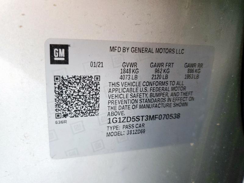 1G1ZD5ST3MF070538 - 2021 CHEVROLET MALIBU LT ნაცრისფერი ფოტო 12