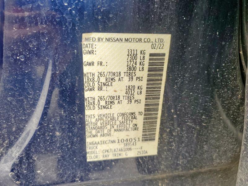 1N6AA1EC7NN104051 - 2022 NISSAN TITAN S BLUE photo 12