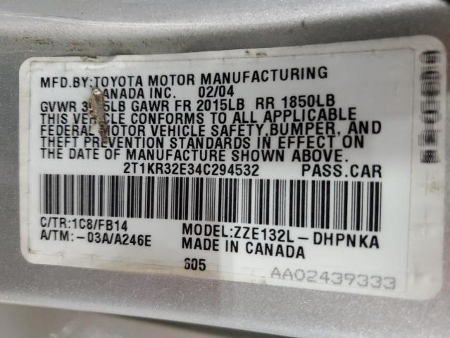 2T1KR32E34C294532 - 2004 TOYOTA COROLLA MA XR SILVER photo 14