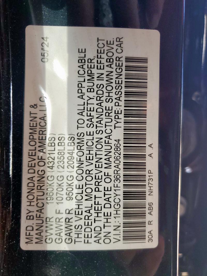 1HGCY1F36RA062864 - 2024 HONDA ACCORD EX أسود صورة 14