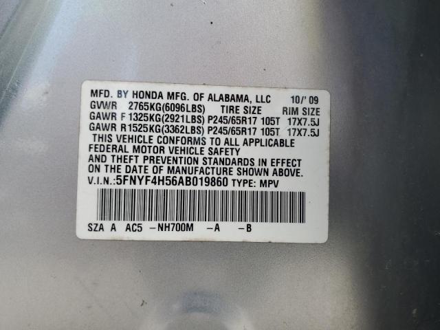 5FNYF4H56AB019860 - 2010 HONDA PILOT EXL Srebrny zdjęcie 13
