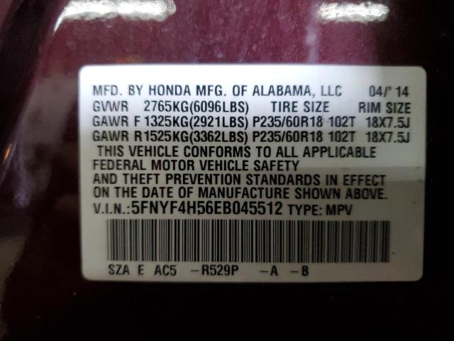 5FNYF4H56EB045512 - 2014 HONDA PILOT EXL BURGUNDY photo 14
