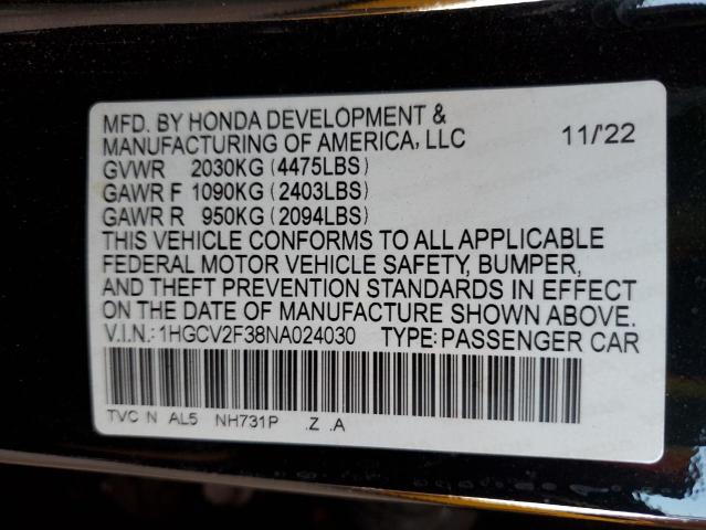 1HGCV2F38NA024030 - 2022 HONDA ACCORD SPORT BLACK photo 12