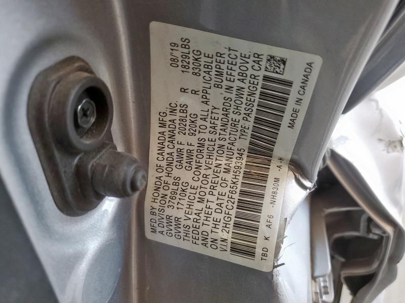 2HGFC2F65KH593945 - 2019 HONDA CIVIC LX 银色 照片 13