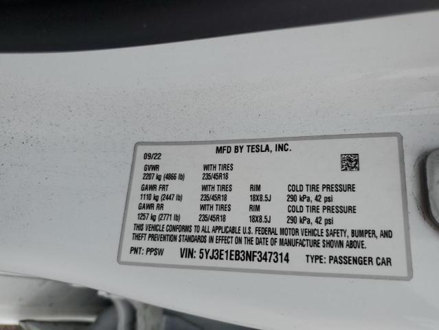 5YJ3E1EB3NF347314 - 2022 TESLA MODEL 3 Blanc photo 13