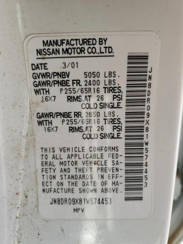 JN8DR09X81W574453 - 2001 NISSAN PATHFINDER LE 白色 照片 12